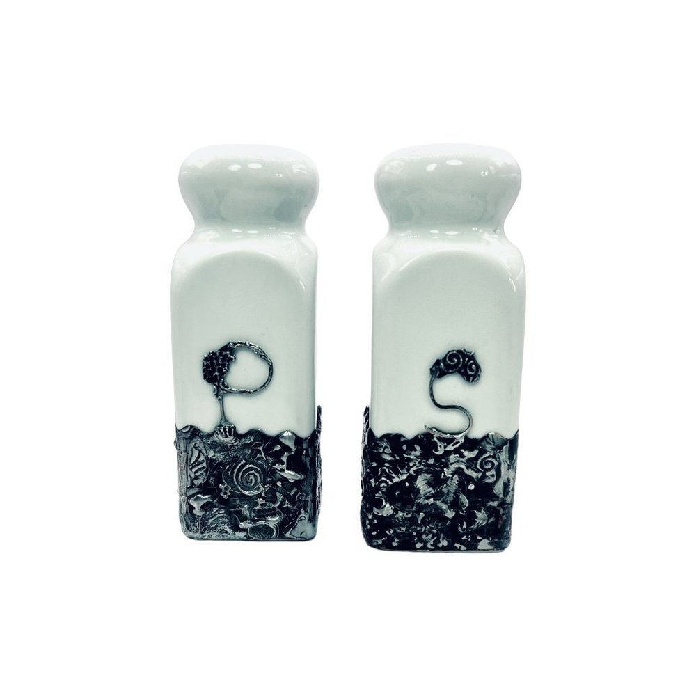 Artisan Ceramic Salt & Pepper Shakers Upcycled with Silver Blend Boho Metalwork - Picture 4 of 11